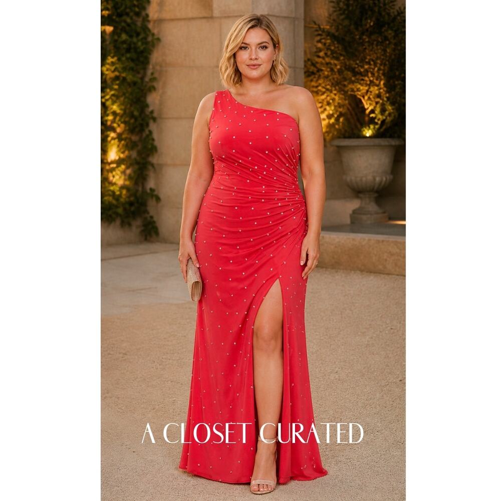 Mac Duggal One Shoulder Rhinestone Maxi Gown 16 Red NWT Stylw 68130